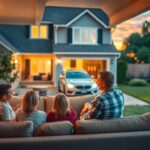 A cozy home setting with a welcoming atmosphere, showcasing the benefits of bundling home and auto insurance. In the foreground, a family sitting on a plush sofa, discussing options with a friendly insurance agent. Soft lighting illuminates the scene, creating a sense of comfort and security. In the middle ground, a car parked in the driveway, highlighting the seamless integration of home and auto coverage. The background features a well-manicured lawn, lush greenery, and a warm, sunset-hued sky, conveying a sense of peace and stability. The overall composition emphasizes the convenience and cost-saving advantages of bundling these essential insurance policies.