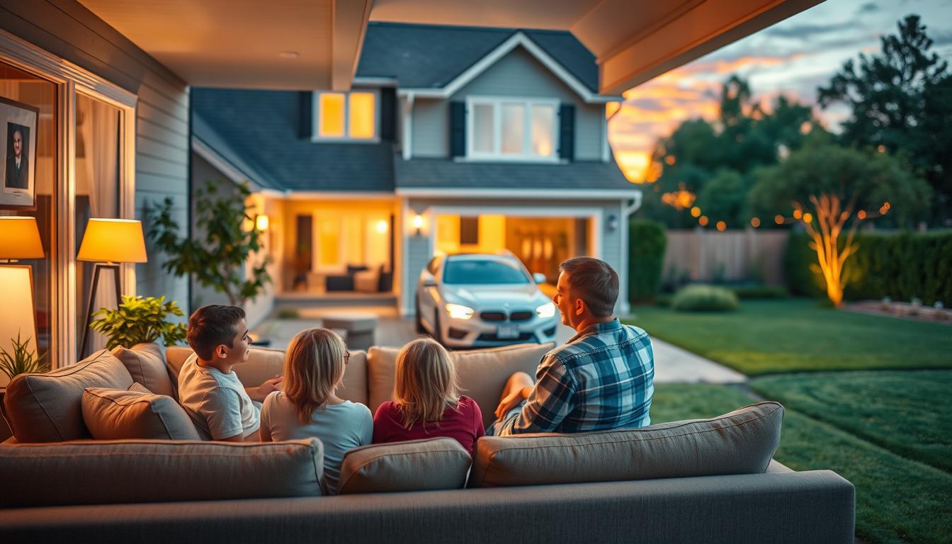 A cozy home setting with a welcoming atmosphere, showcasing the benefits of bundling home and auto insurance. In the foreground, a family sitting on a plush sofa, discussing options with a friendly insurance agent. Soft lighting illuminates the scene, creating a sense of comfort and security. In the middle ground, a car parked in the driveway, highlighting the seamless integration of home and auto coverage. The background features a well-manicured lawn, lush greenery, and a warm, sunset-hued sky, conveying a sense of peace and stability. The overall composition emphasizes the convenience and cost-saving advantages of bundling these essential insurance policies.