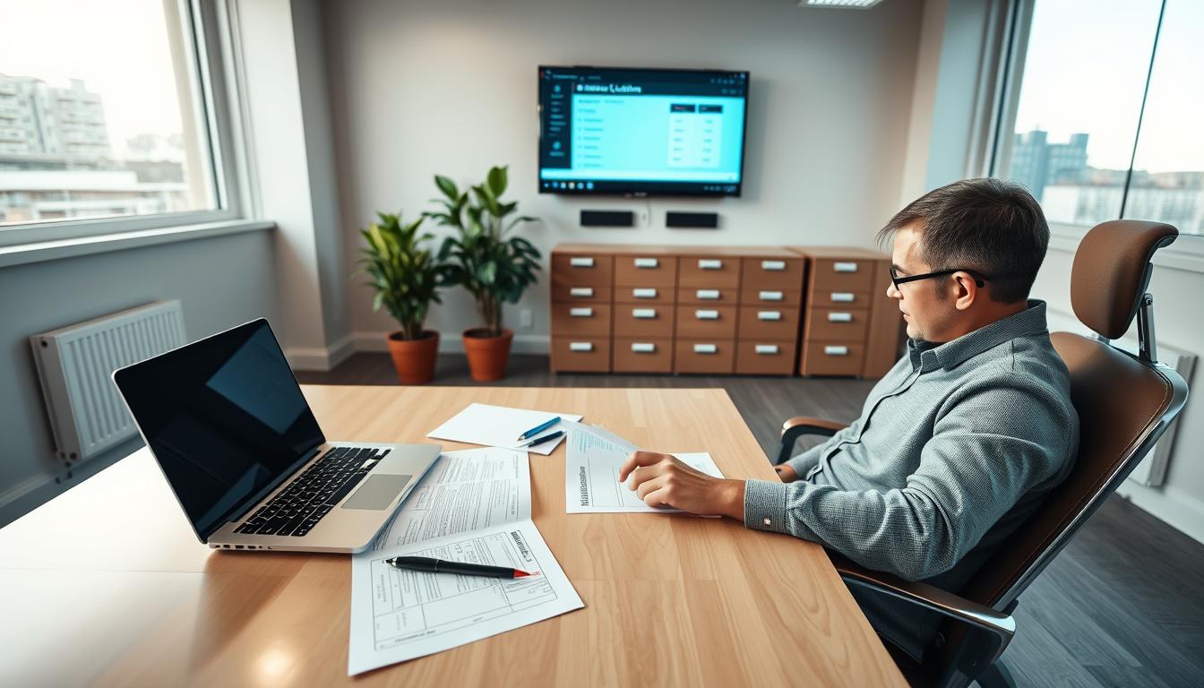 A modern office space with a clean, minimalist aesthetic. In the foreground, a desk with a laptop, papers, and a pen. On the desk, an open insurance claim form. A person sits in a comfortable chair, intently focused on the paperwork. The middle ground features a potted plant, a wall-mounted monitor displaying claim processing software, and a filing cabinet. The background has large windows letting in natural light, creating a warm, professional atmosphere. The lighting is soft and diffused, highlighting the details of the scene. The camera angle is slightly elevated, giving a birds-eye view of the workspace and creating a sense of order and efficiency.