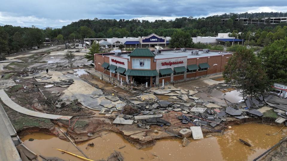 PHOTO: A drone view shows a damaged area, following the passing of Hurricane Helene, in Asheville, North Carolina, September 29, 2024. (Marco Bello/Reuters)