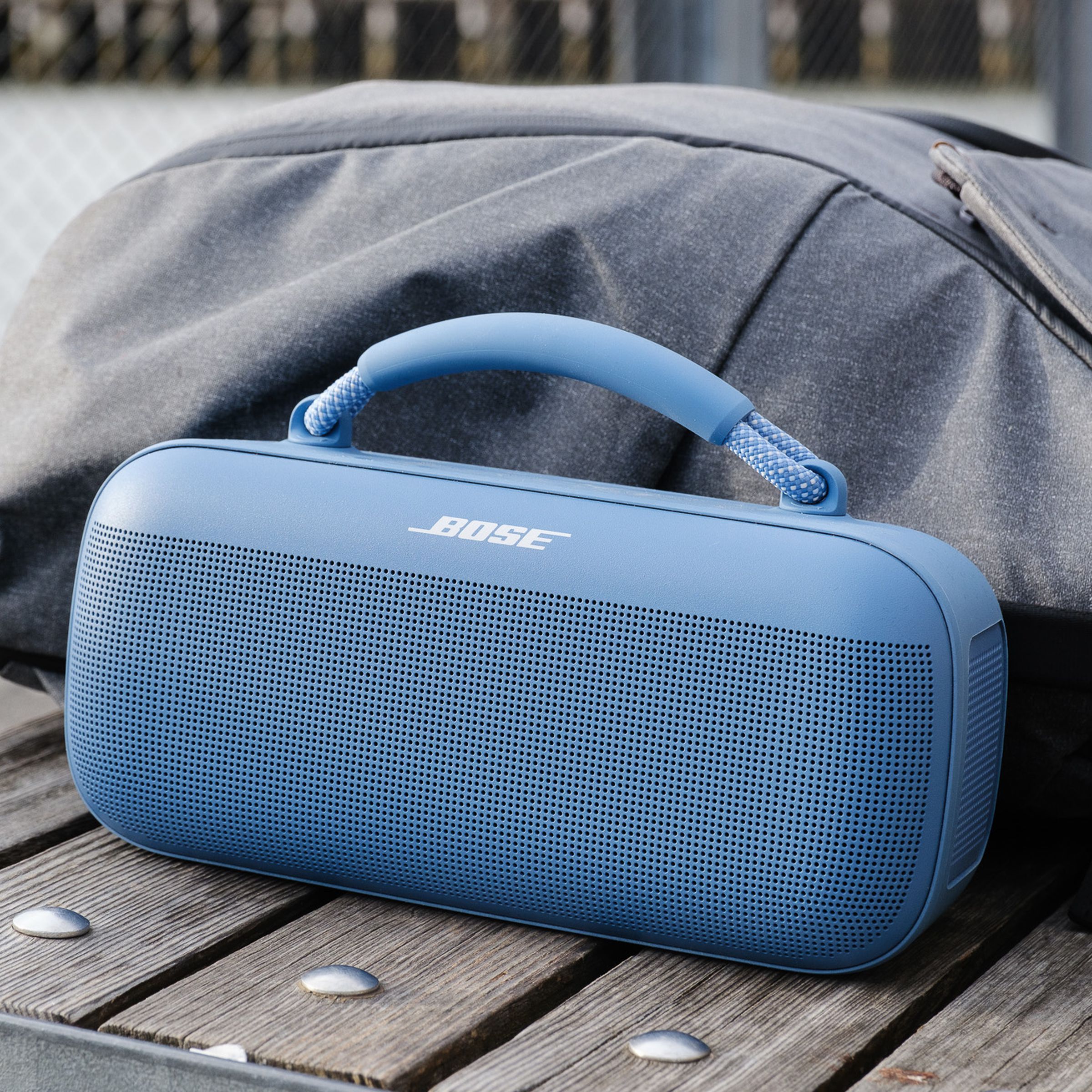 A photo of Bose’s light blue SoundLink Max portable speaker.