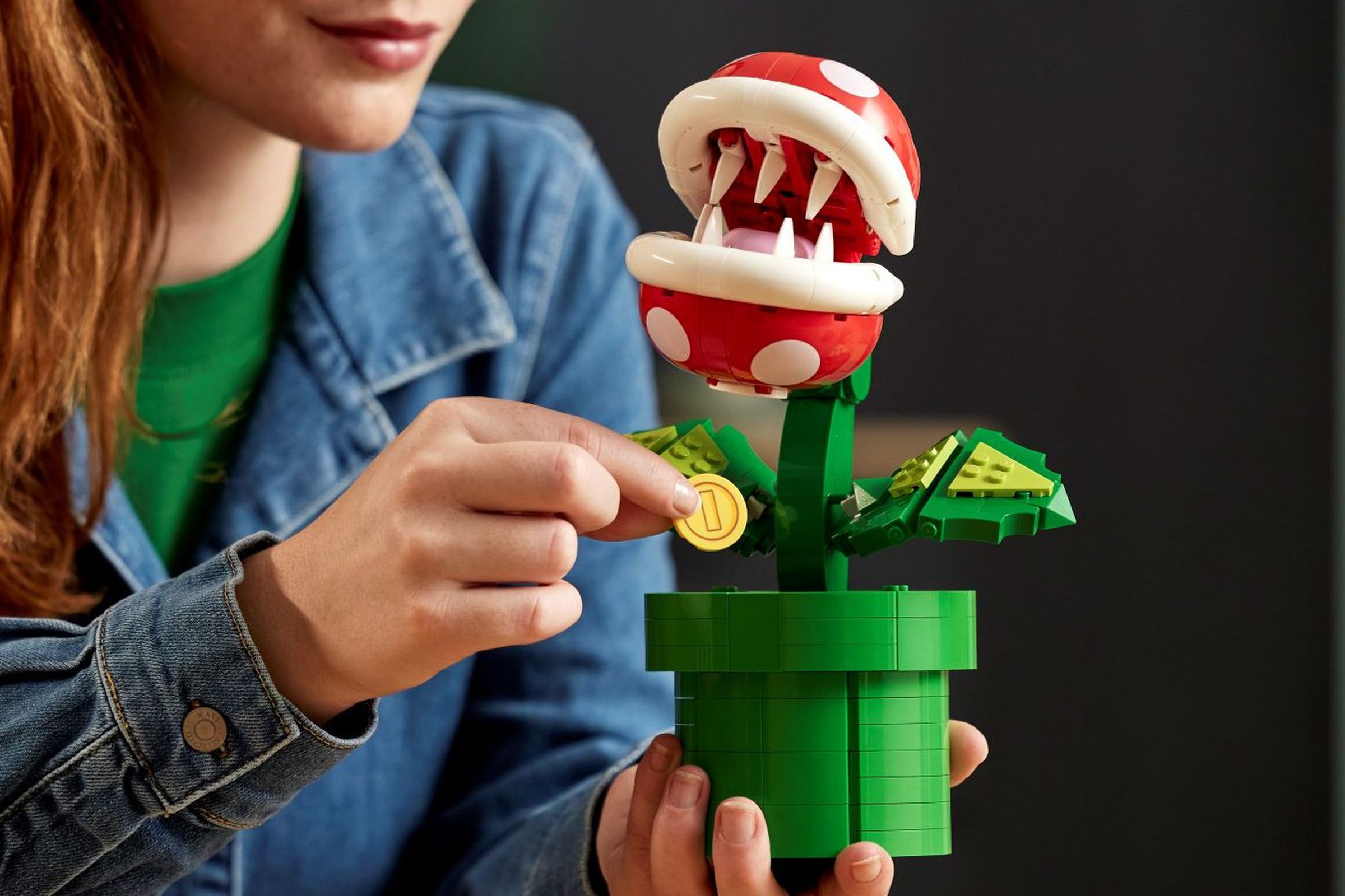 A chomping plant built out of lego bricks, complete with green warp pipe underneath