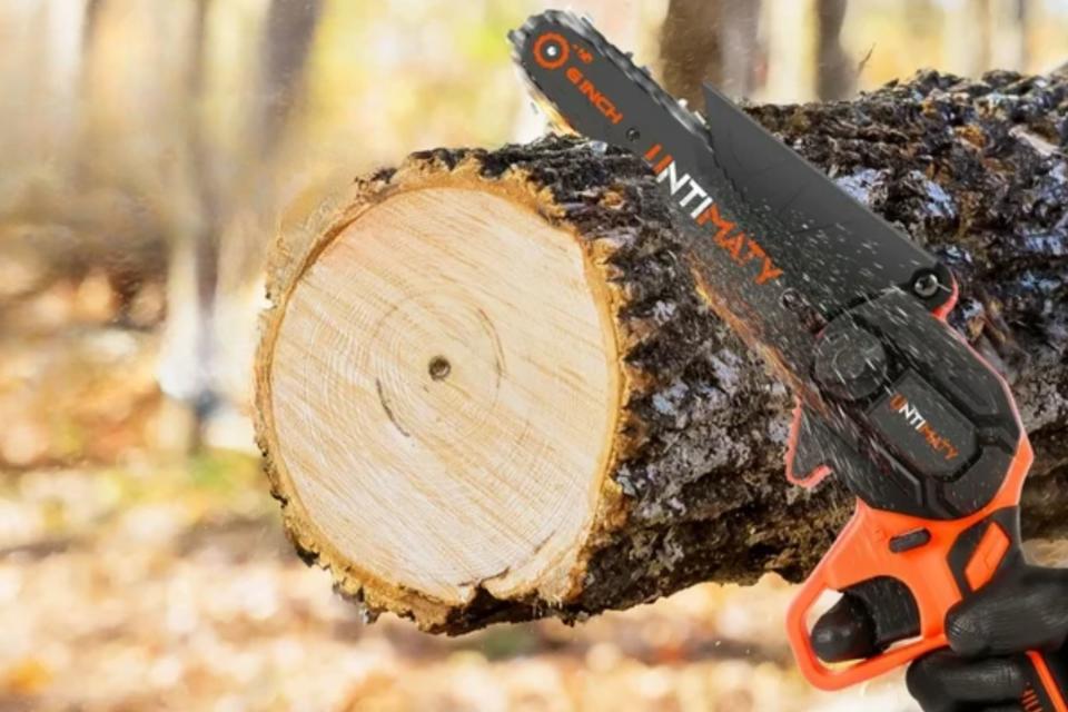 Miniature chain saw cutting through a log.