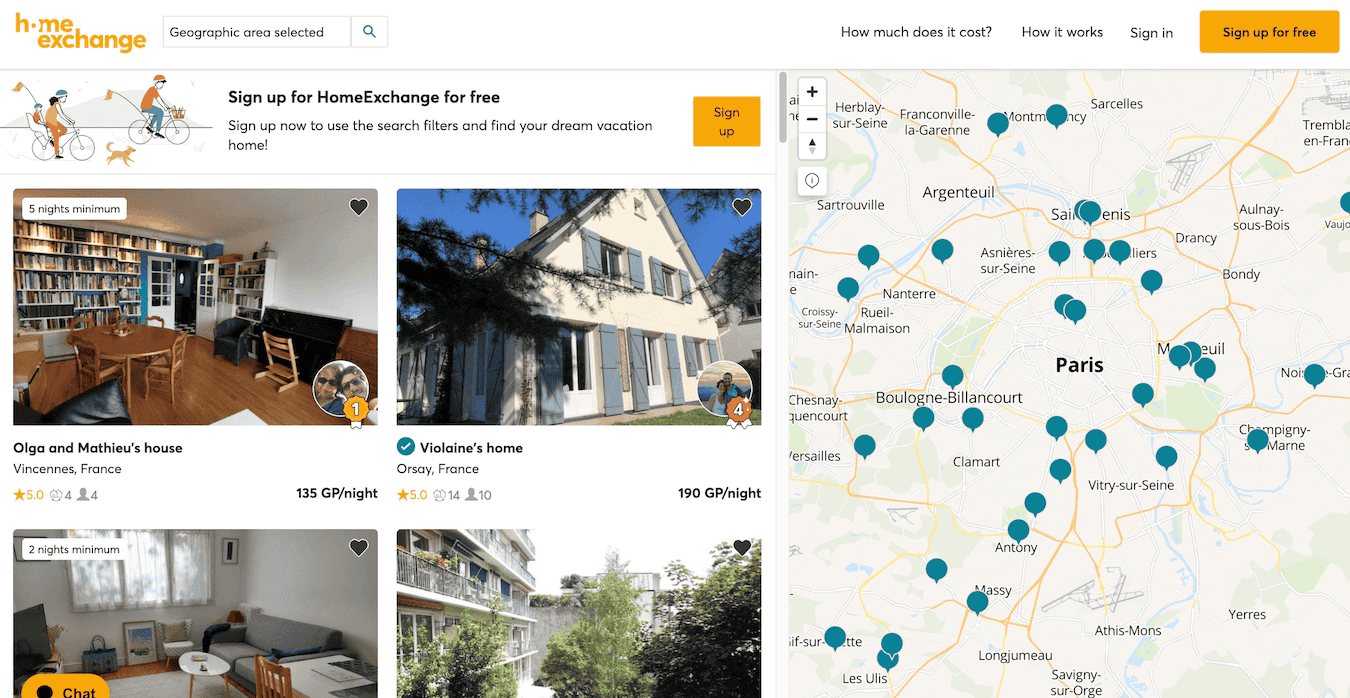 A screenshot from the HomeExchange website showing a map of where people can book home swaps