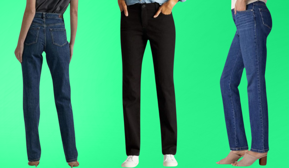 three models wearing different colors of the jeans on a green background.