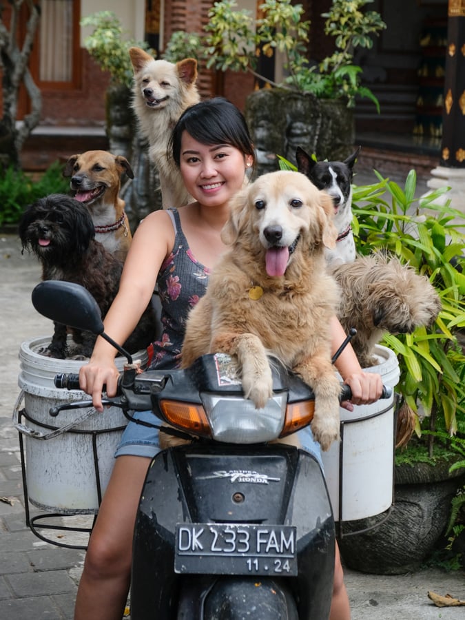 Girl riding on a scooter with six dogs