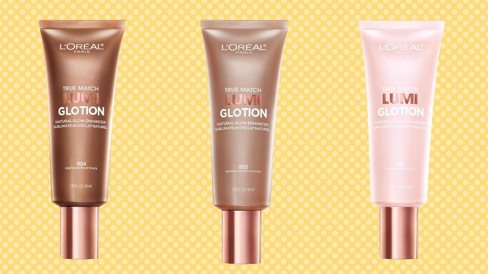 Three shades of L'Oreal Lumi Glotion on a yellow background