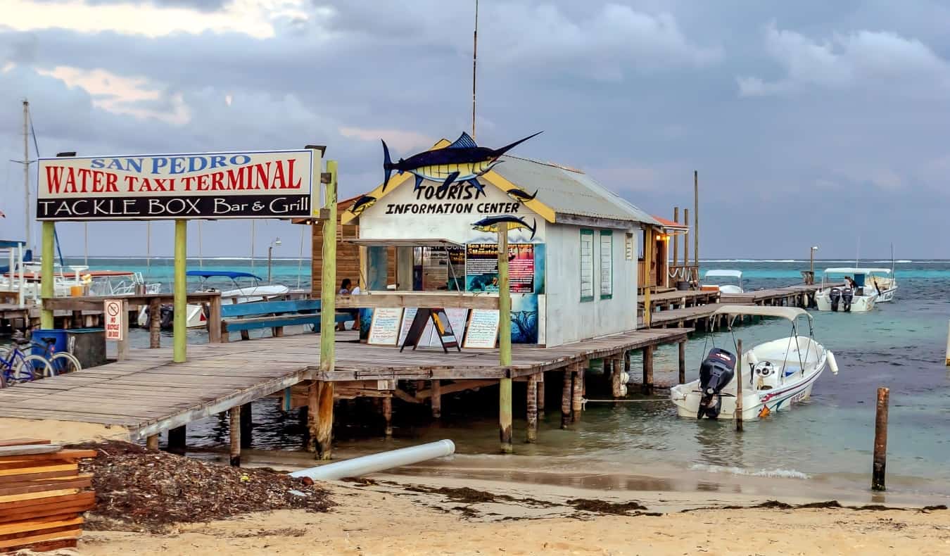 A view of the water taxi and the beach in the beach in San Pedro, Belize
