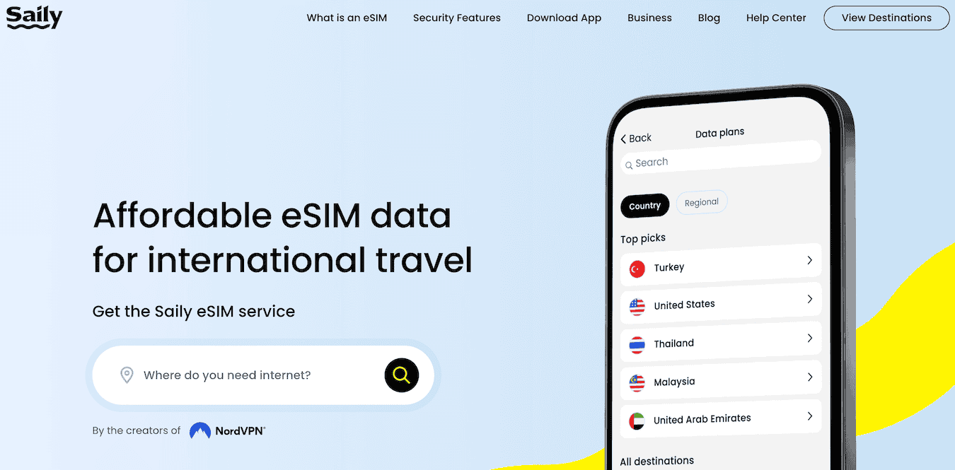 Screen snapshot from the main Saily ESIM page