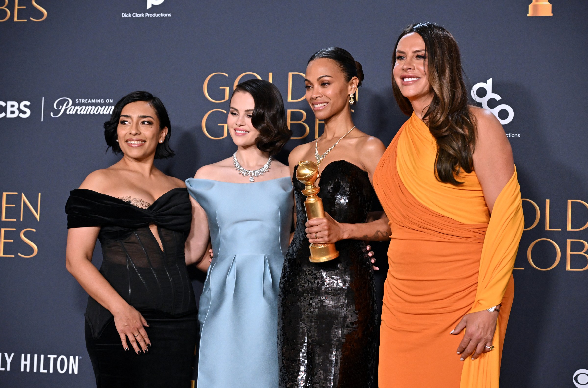 Actresses Adriana Paz, Selena Gomez, Zoe Saldana and Karla Sofía Gascón at the the 82nd Annual Golden Globe Awards at the Beverly Hilton hotel in Beverly Hills, California, on January 5, 2025. 