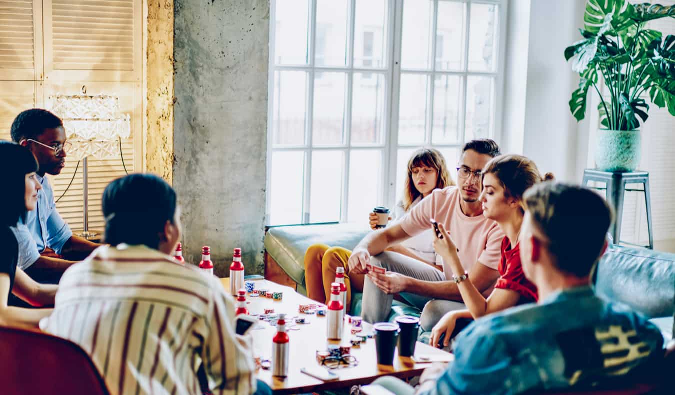 A handful of travelers hanging in a shelter in the common area