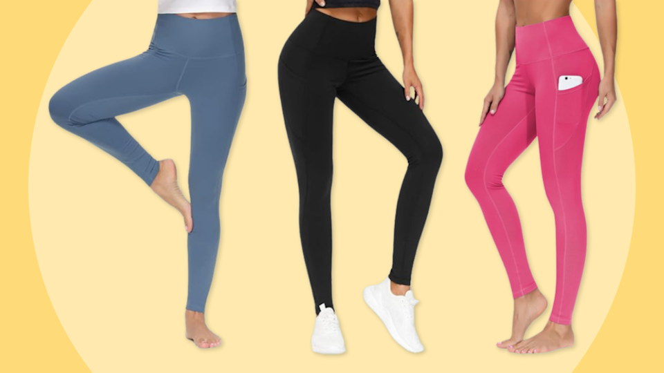 leggings in blue, black and pink