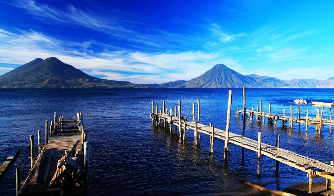 It overlooks the water and mountains in Lake Attantan, Guatemala