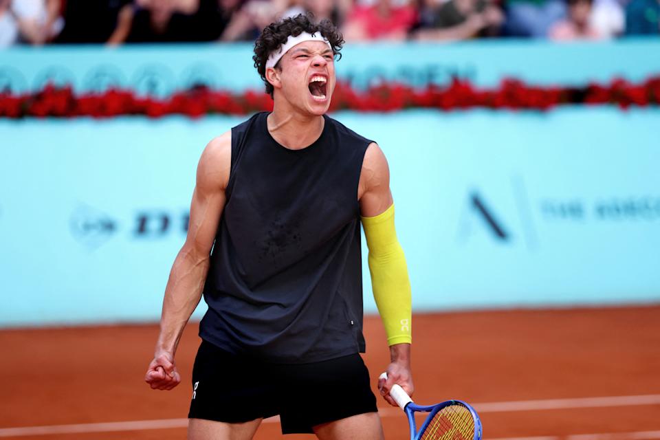 Shelton celebrates a point against Argentina's Mariano Navone during their 2025 ATP Tour Madrid Open tennis tournament second-round singles match.