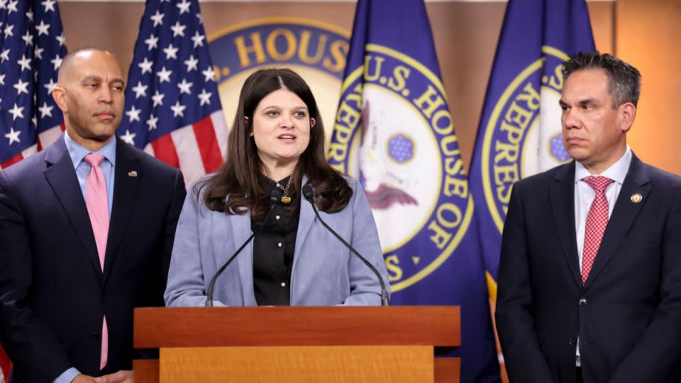 Actors Hakim Jeffrez, Democrat from New York, from the left, Halle Stevens, Democrat from Michigan, and Beit Aguilar, Democrat from New York, in the American Capitol, February 6, 2025.