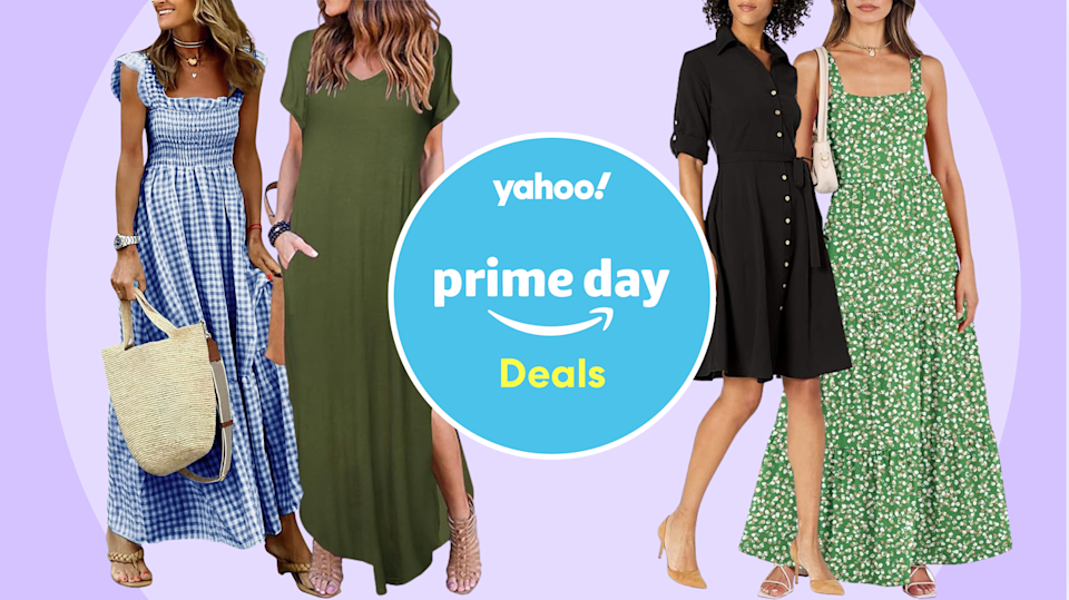 four models in dresses on a purple background