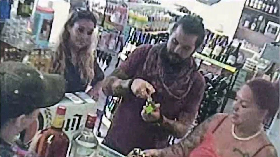 From left, Aileen Seiden, Zach Abell and Christina Araujo are seen in security camera video at a liquor store in Franklin County, Florida, on April 22, 2018. / Credit: Franklin County Clerk of Court