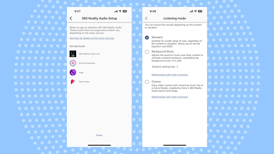 The XM6 offers just two spatial-audio options: 360 Reality Audio, which works with only four never-heard-of-'em services, and its new Upmix counterpart, which is designed specifically for video. Either way: no head-tracking, a real disappointment. (Rick Broida/Yahoo)
