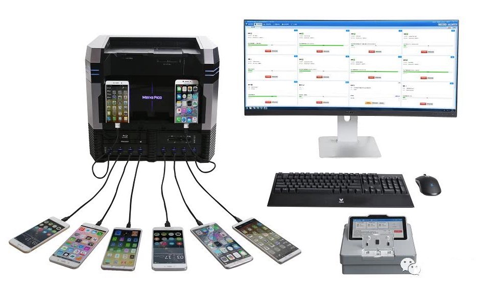 A group device that displays a tower computer connected to many iPhone devices.