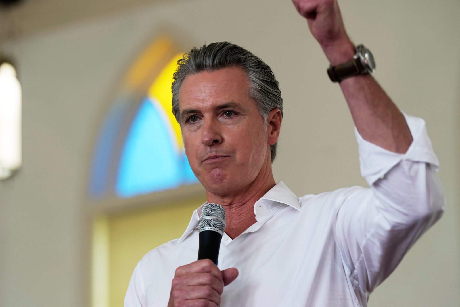 Gov. Gavin Newsom gives remarks to a crowd at St. Paul First Baptist Church on July 9, 2025, in Laurens, South Carolina.