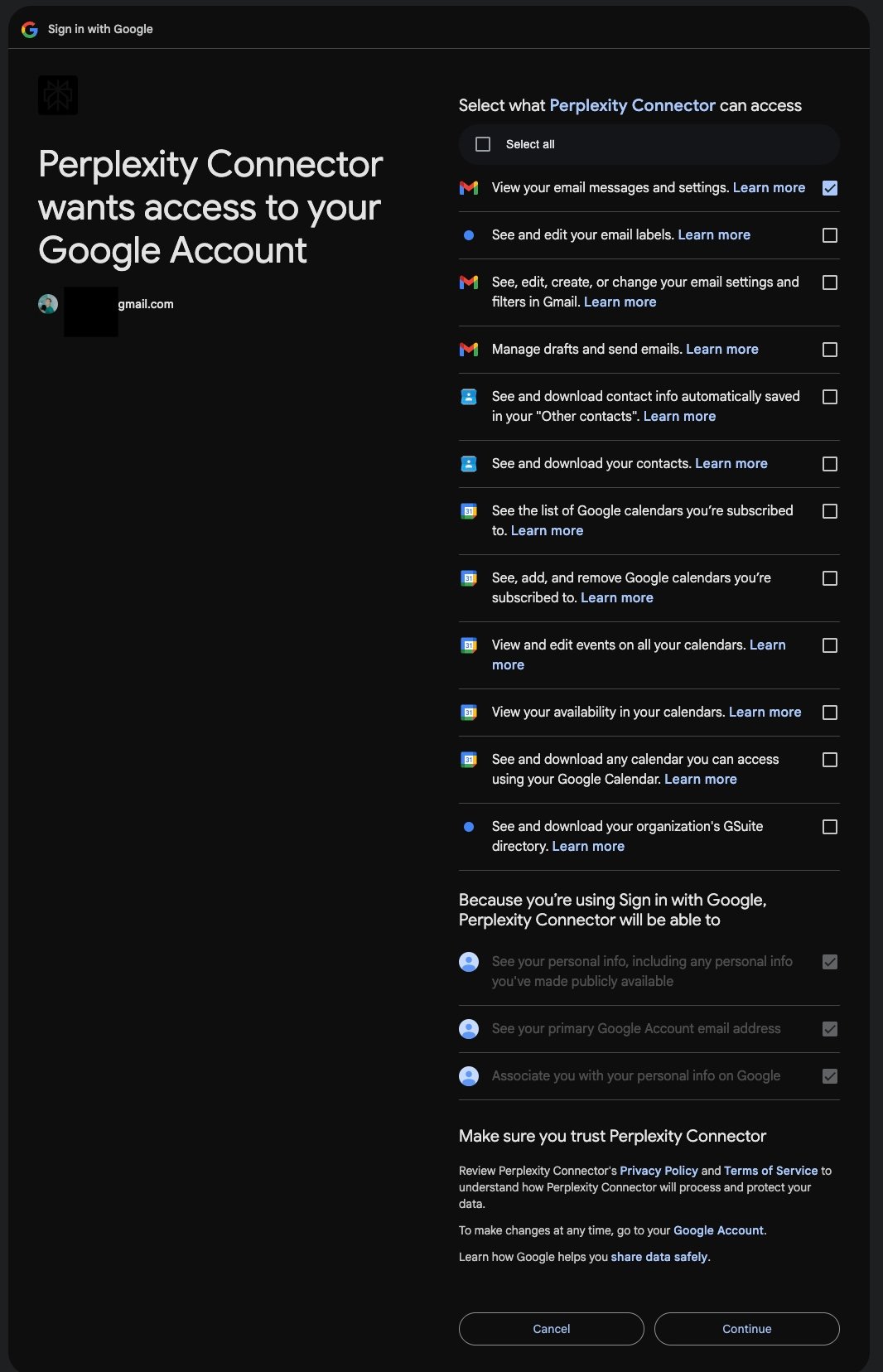 A list of more than ten permissions requests a baffle browser to access a person's Google account.