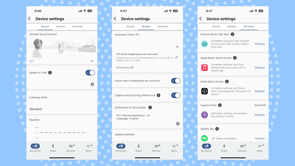 Screenshots from the Sound, System and Services pages in the Sony Sound Connect app.
