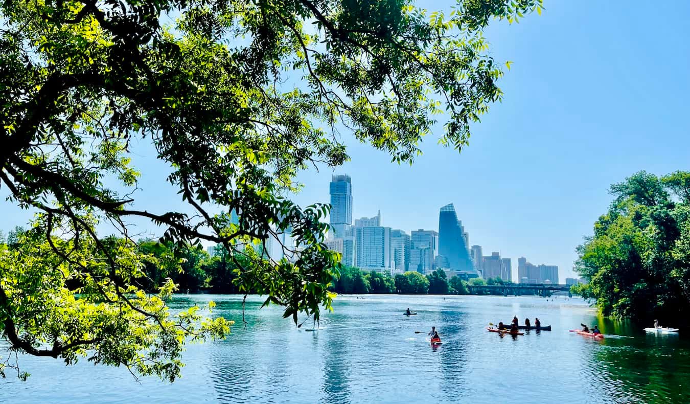 People out enjoying the water on a sunny day in Austin, Texas