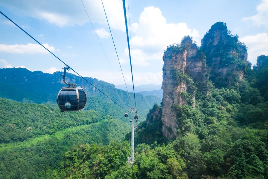 Going down the cable car at Tianzi Mountain
