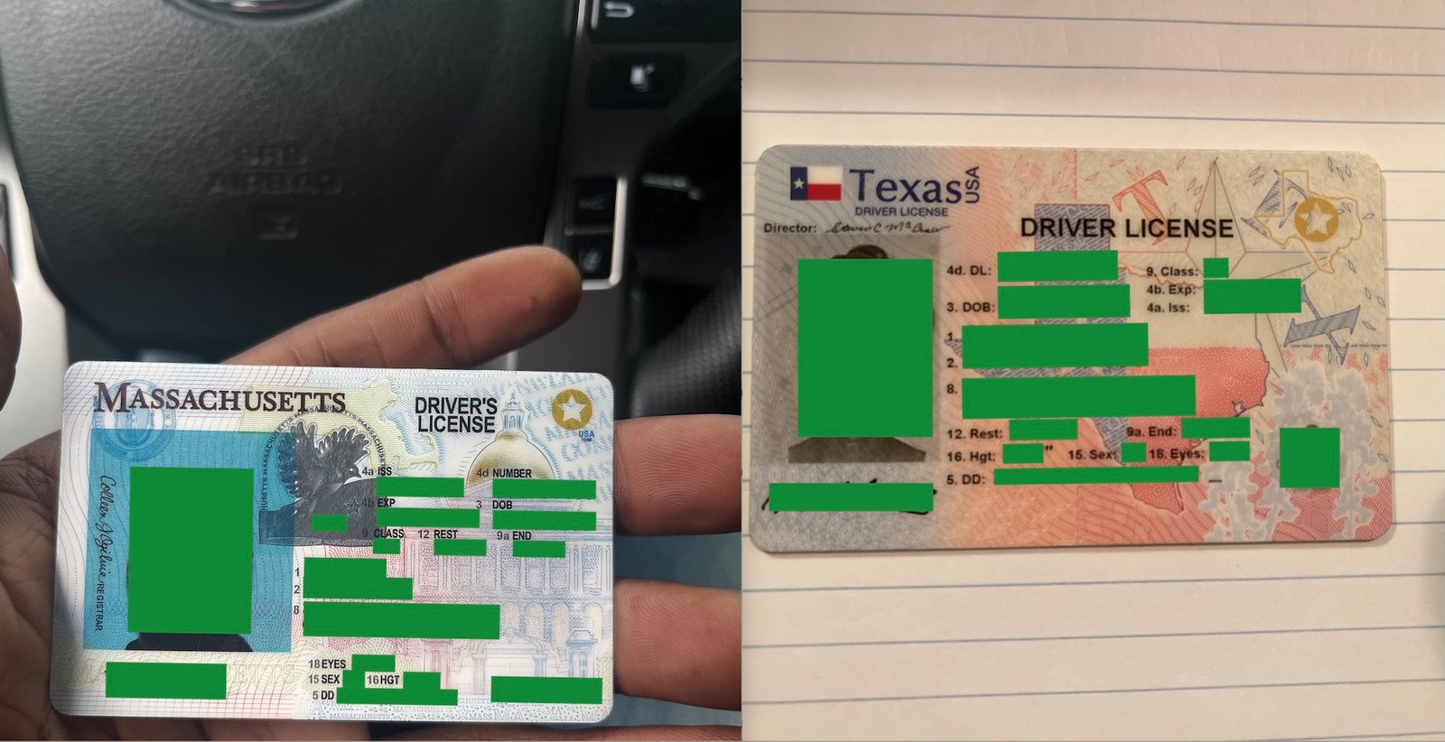 Driver licenses, one from Texas and the other from Massachusetts, is revised by Techcrunch, which is offered by the Teoonher app.
