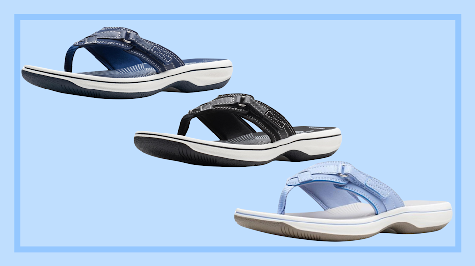 3 clarks sandals on a blue background