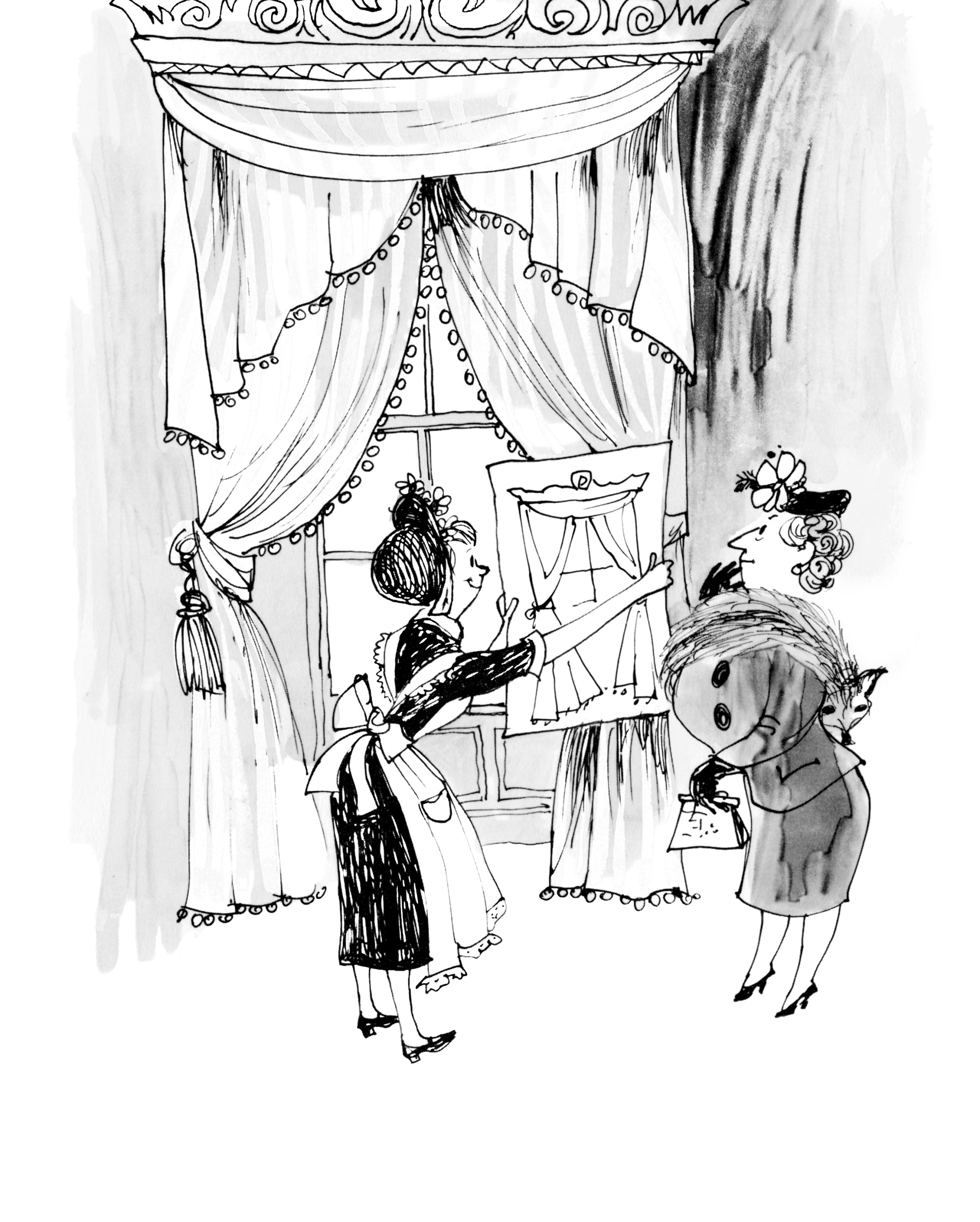 An illustration of a woman in a maid outfit holding a drawing of drapes out to show her boss in front of the actual drapes.