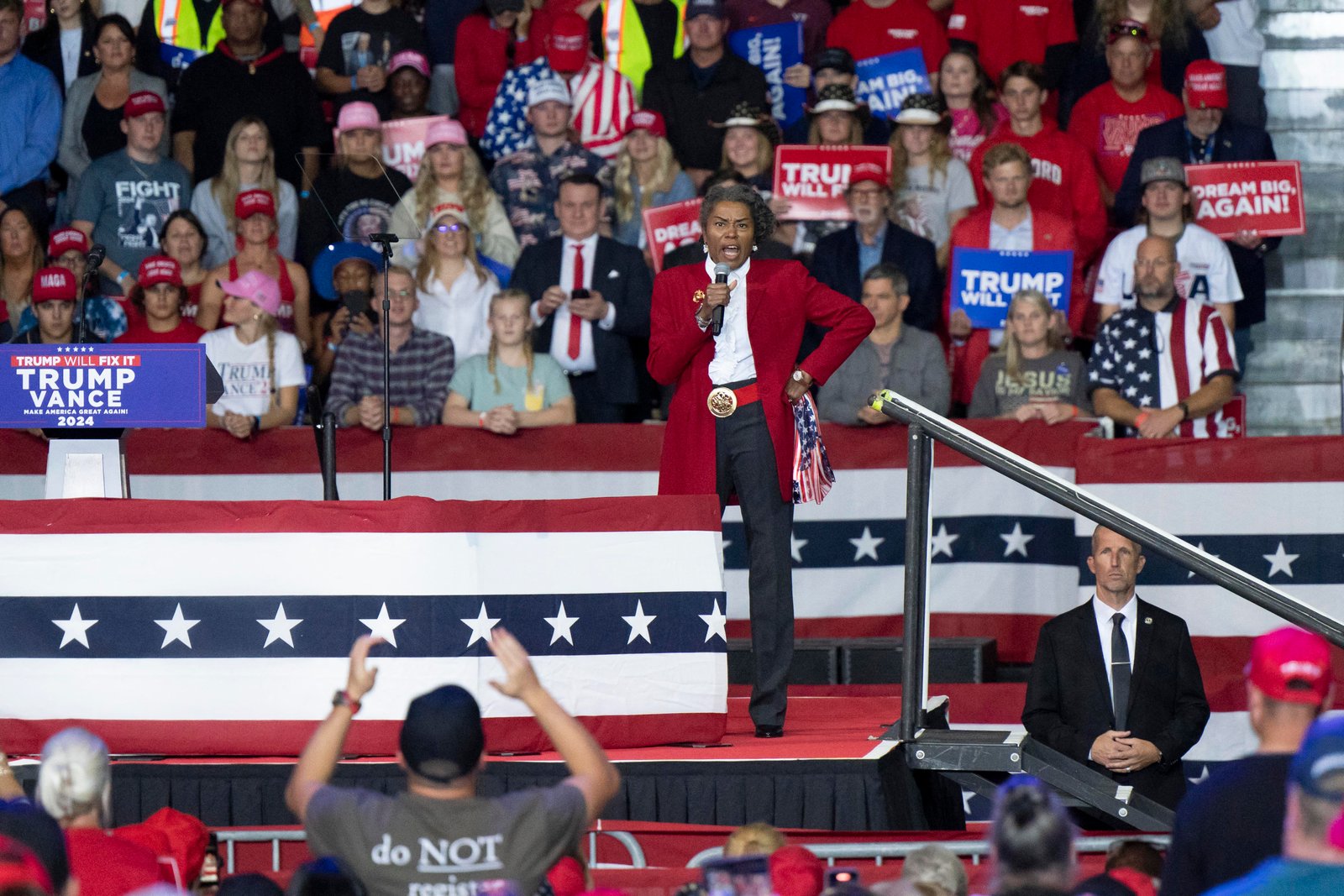 Virginia Lt. Gov. Winsome Earle-Sears speaks during a campaign rally for President Donald Trump at the Salem Civic Center in Salem, Virginia, on Nov. 2, 2024. 