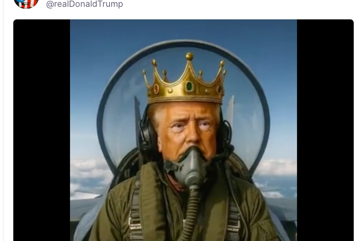 Trump posts AI video of himself flying KING TRUMP jet and bombing protesters with brown liquid