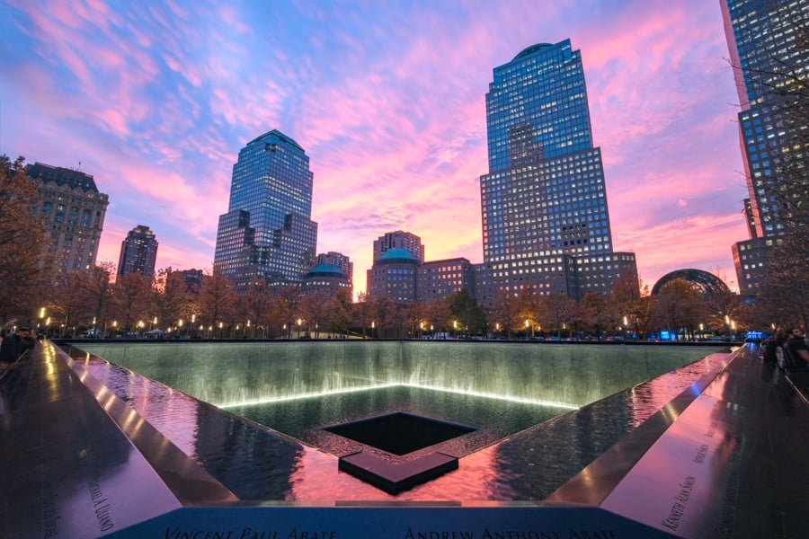 Sunset at the 9/11 Memorial Pools