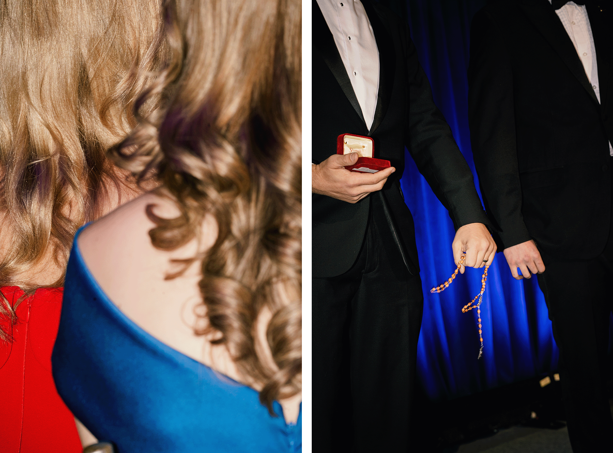 Left: Guests sit for dinner during the gala. Right: Political activist Jack Posobiec, left, holds a rosary before delivering the keynote speech.