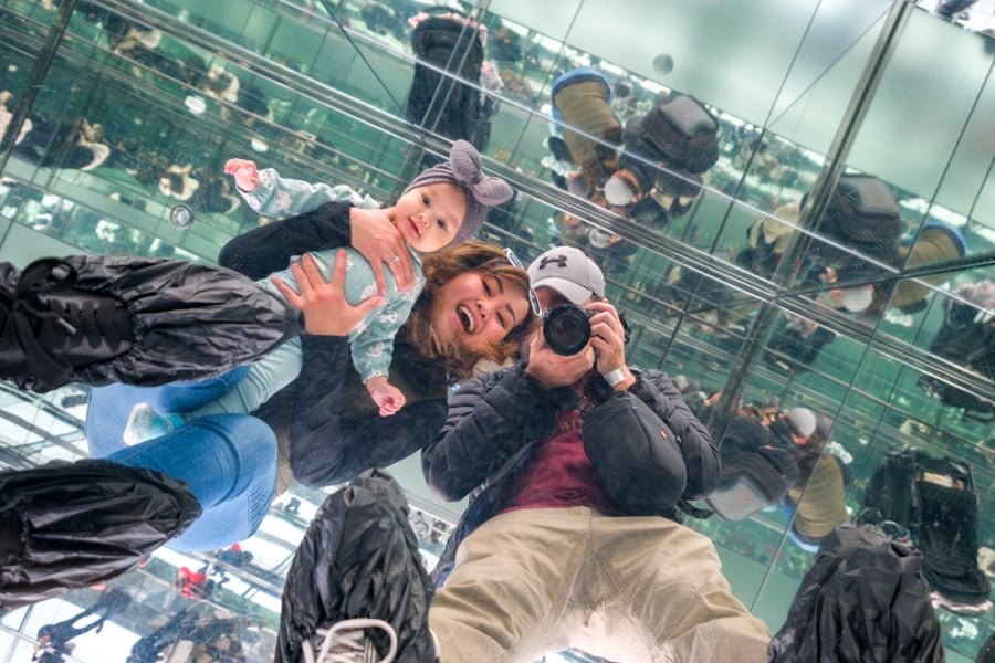 Mirror room at Summit One Vanderbilt New York City with baby