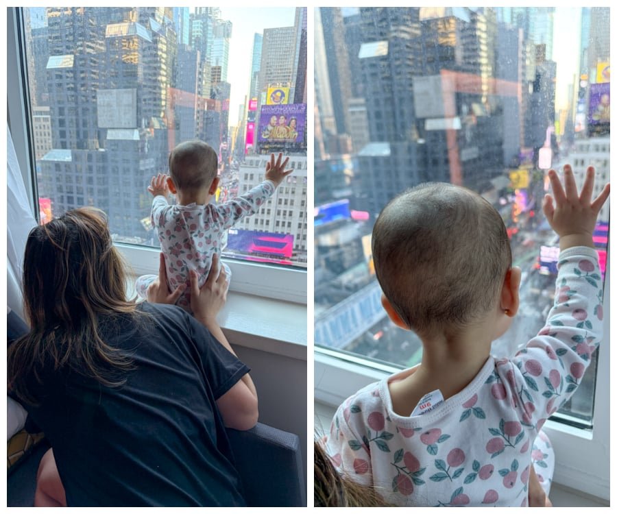 A child looks out the hotel window at M Social in New York City