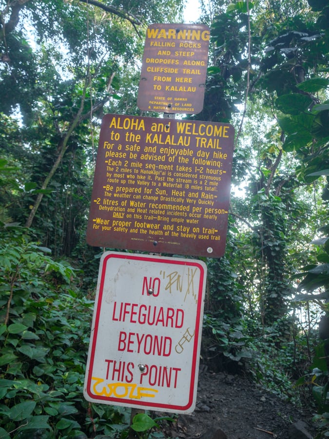 Warning signs at the Kalalau trailhead