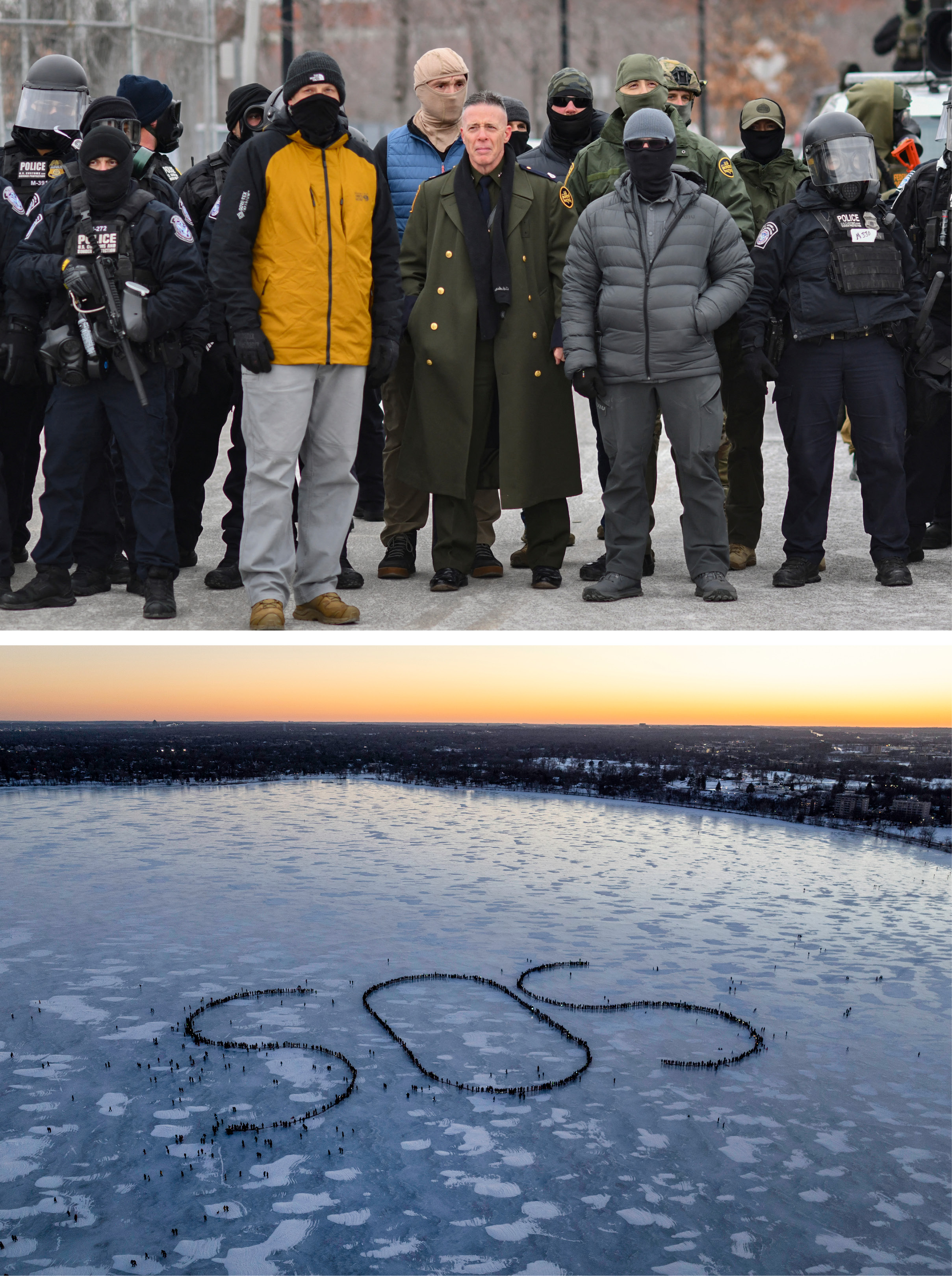 Top: US Customs and Border Protection Commander Gregory Bovino (C) stands flanked by fellow federal agents during a protest against ICE outside the Bishop Whipple Federal Building in Minneapolis, Minnesota, on January 15, 2026. Hundreds more federal agents were heading to Minneapolis, the US homeland security chief said on January 11, brushing aside demands by the Midwestern city's Democratic leaders to leave after an immigration officer fatally shot a woman protester.Bottom: In an aerial view, demonstrators spell out an SOS signal of distress on a frozen Lake BdeMaka Ska on January 30, 2026 in Minneapolis, Minnesota. Protesters marched through downtown to protest the deaths of Renee Good on January 7, and Alex Pretti on January 24 by federal immigration agents.