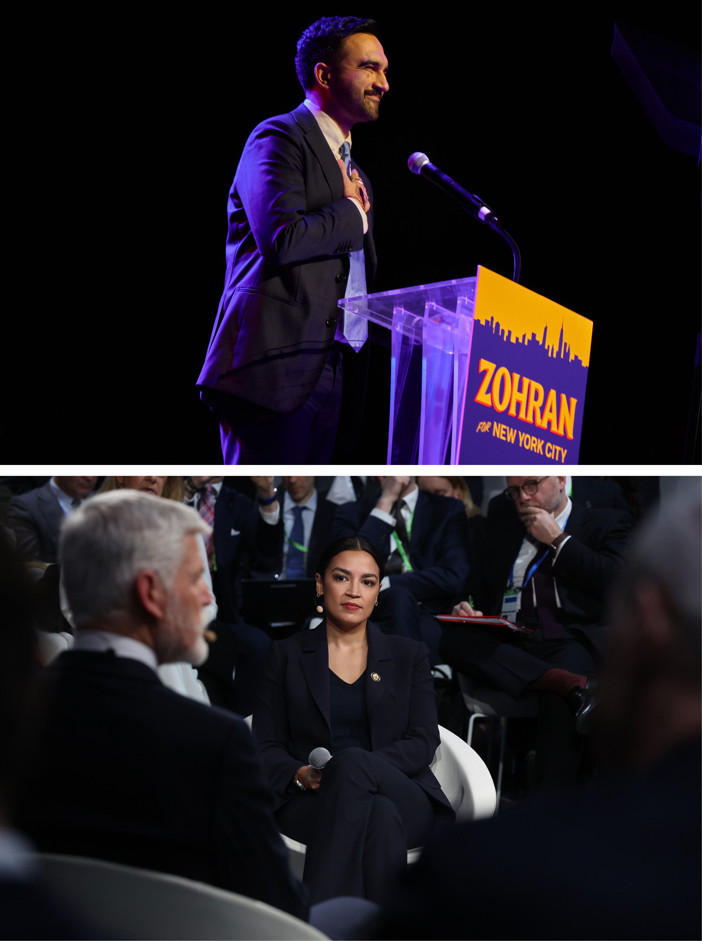Top: New York City Mayor-elect Zohran Mamdani addresses supporters after being declared winner of the 2025 New York City mayoral election at his election night watch party at the Brooklyn Paramount in Brooklyn, New York, on Nov. 4, 2025.Bottom: Rep. Alexandria Ocasio-Cortez, listens as Czech President Petr Pavel (L) speak at a Townhall panel on populism at the 62nd Munich Security Conference on February 13, 2026 in Munich, Germany. 