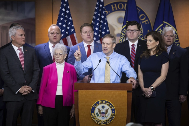 Jim Jordan speaks alongside other Republican members of the House Oversight and Accountability Committee during a press conference.