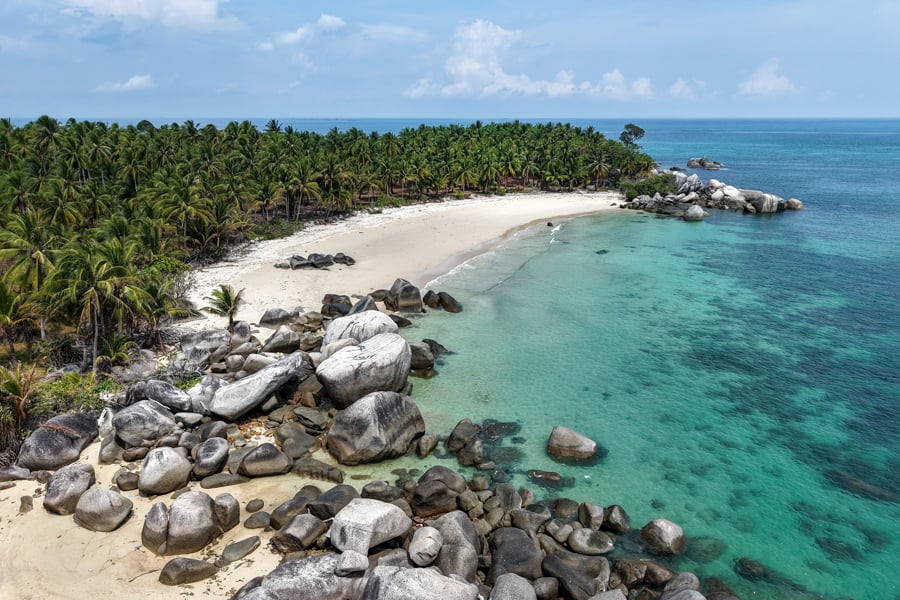 Drone photo of Siangau Beach on Bangka island in Sumatra, Indonesia