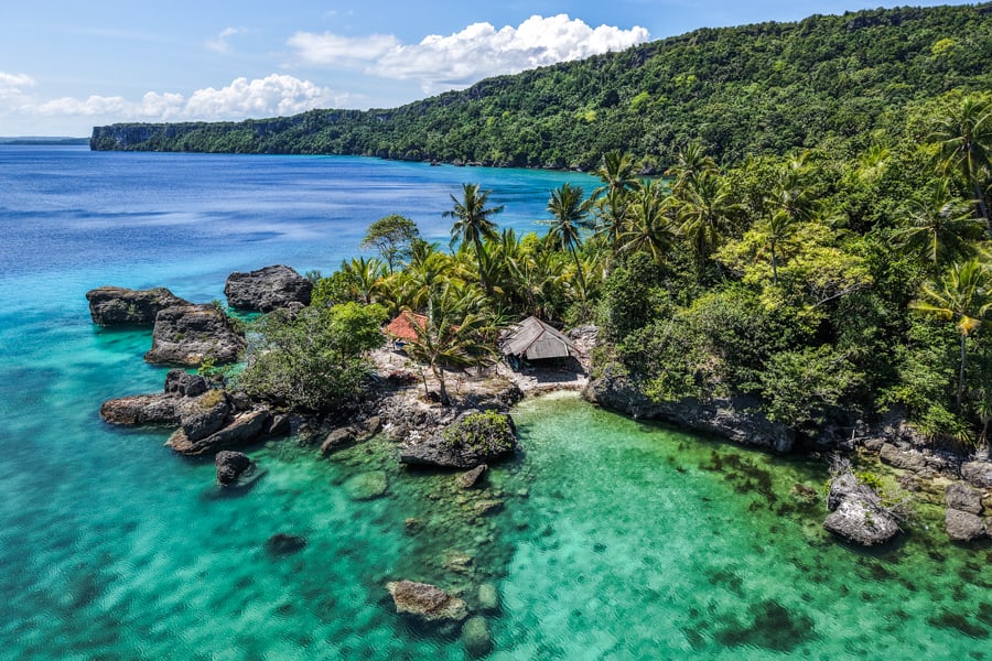 Drone pic of a secluded shack near Buata Beach