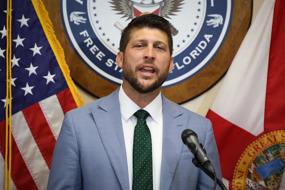 Florida Attorney General James Uthmeier, shown here during a July news conference, is decrying the use of vouchers at schools that "promote sharia law." (Rich Pope/Orlando Sentinel/Tribune News Service via Getty Images)