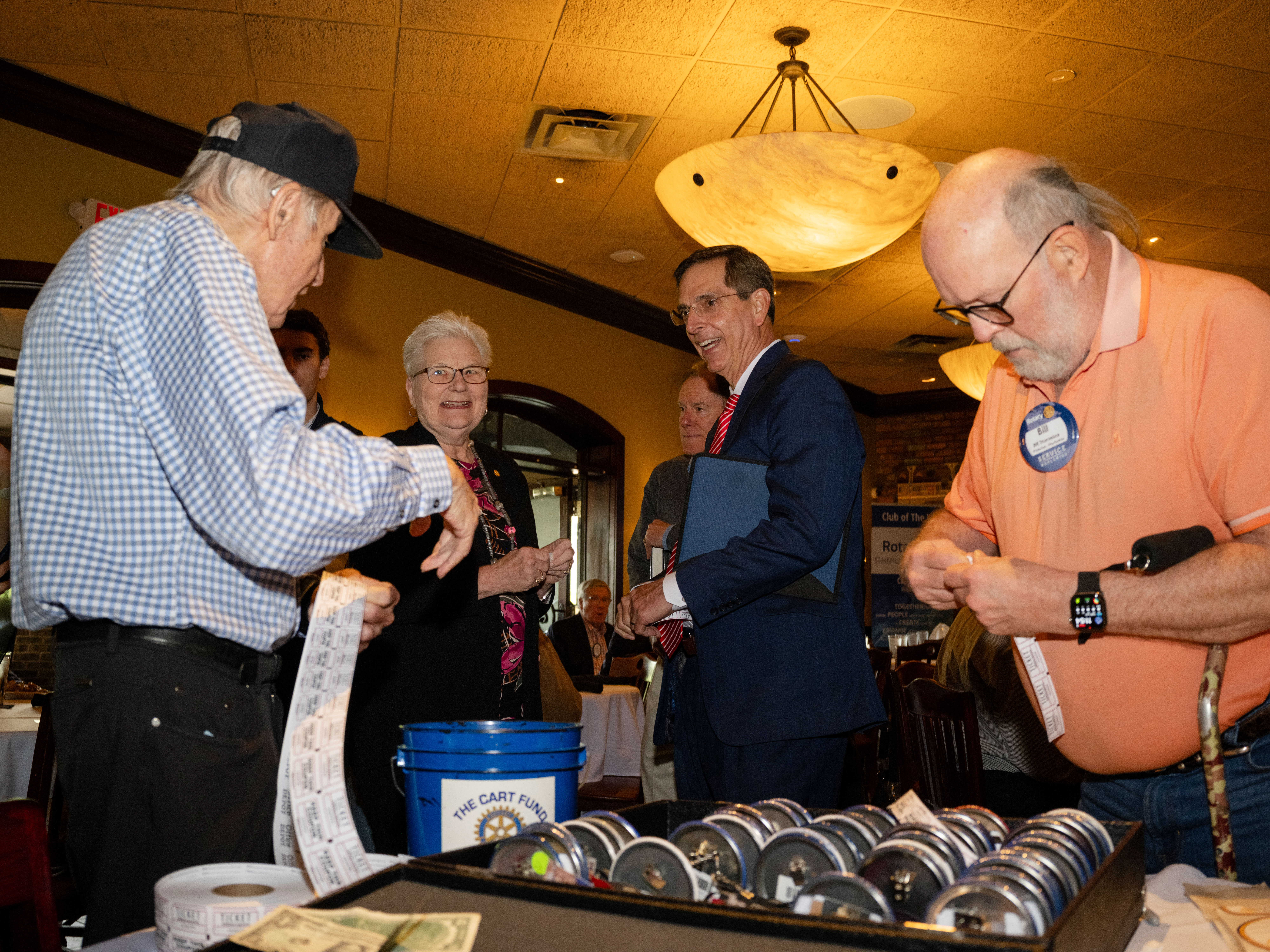Raffensperger speaks with attendees at a campaign event with the Vinings Rotary Club at a Copeland’s of New Orleans in Atlanta, on April 8, 2026.