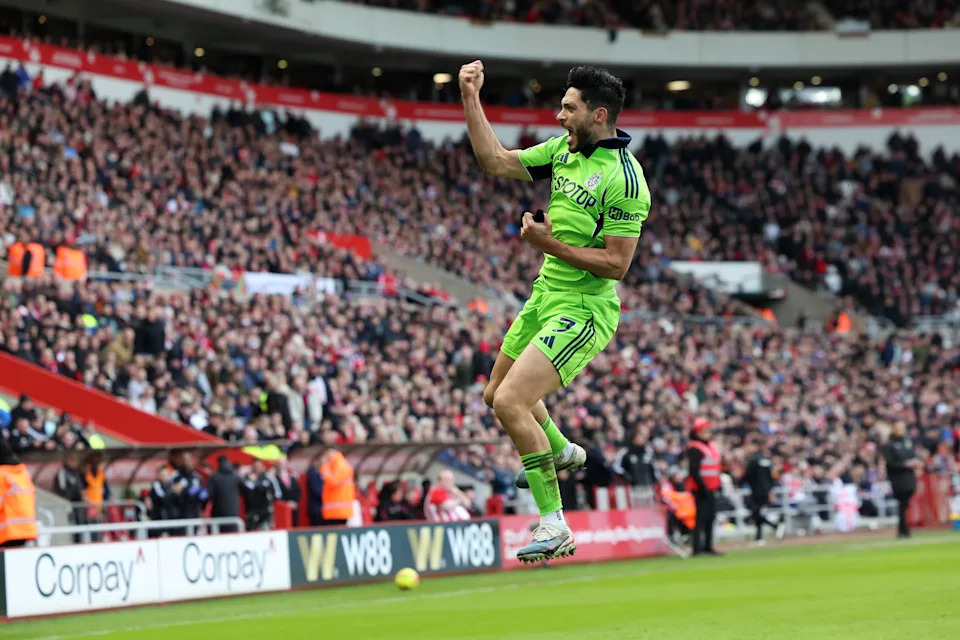 Raul Jimenez celebrates after scoring Fulham's first goal during the Premier League match between Sunderland and Fulham at the Stadium Of Light in Sunderland, England, on February 22, 2026. (Photo by Mark Fletcher/MI News/NurPhoto via Getty Images)