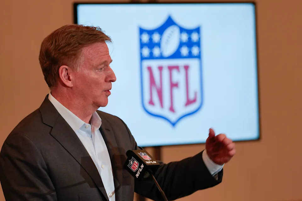 NFL commissioner Roger Goodell answers questions at a news conference at the football owners' meetings Tuesday, May 19, 2026, in Orlando, Fla. (AP Photo/John Raoux)