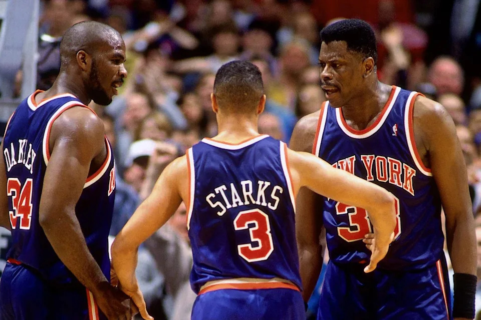EAST RUTHERFORD, NJ - MAY 6: Charles Oakley #34, John Starks #3 and Patrick Ewing #33 of the New York Knicks huddle in Game Four of the Eastern Conference Quarterfinals against the New Jersey Nets during the 1994 NBA Playoffs at Continental Airlines Arena on May 6, 1994 in East Ruterford, New Jersey. The Knicks won 102-92. NOTE TO USER: User expressly acknowledges that, by downloading and or using this photograph, User is consenting to the terms and conditions of the Getty Images License agreement. Mandatory Copyright Notice: Copyright 1994 NBAE (Photo by Nathaniel S. Butler/NBAE via Getty Images)