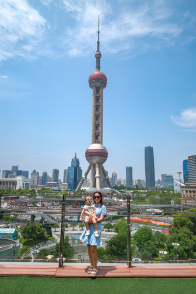 A rooftop view of the IFC Mall of the Oriental Pearl Tower in Shanghai, China