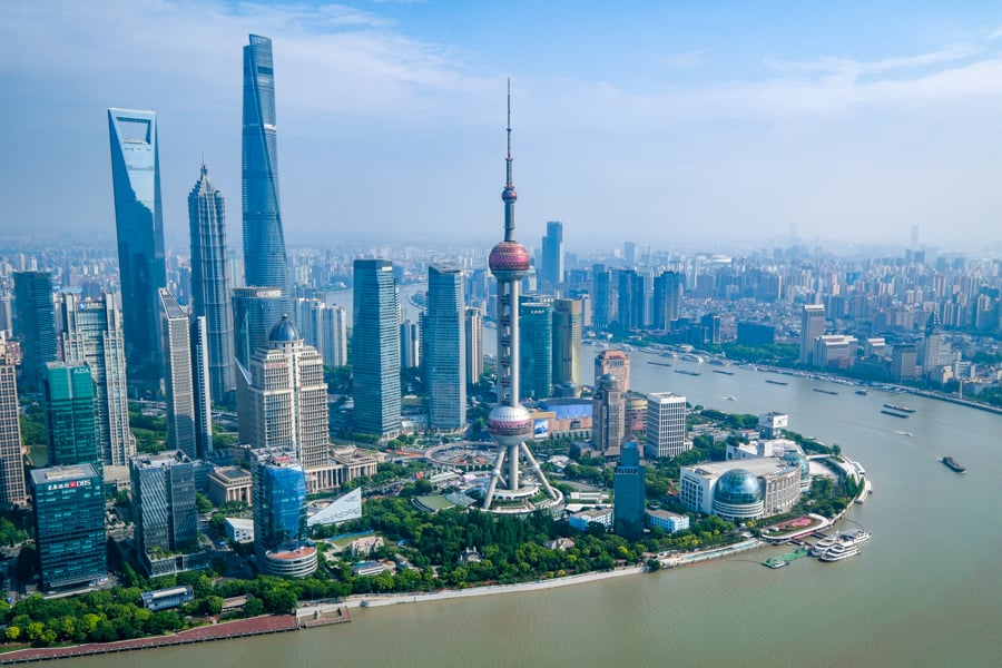 A view of the Chinese city of Shanghai skyline from the stage at SMP